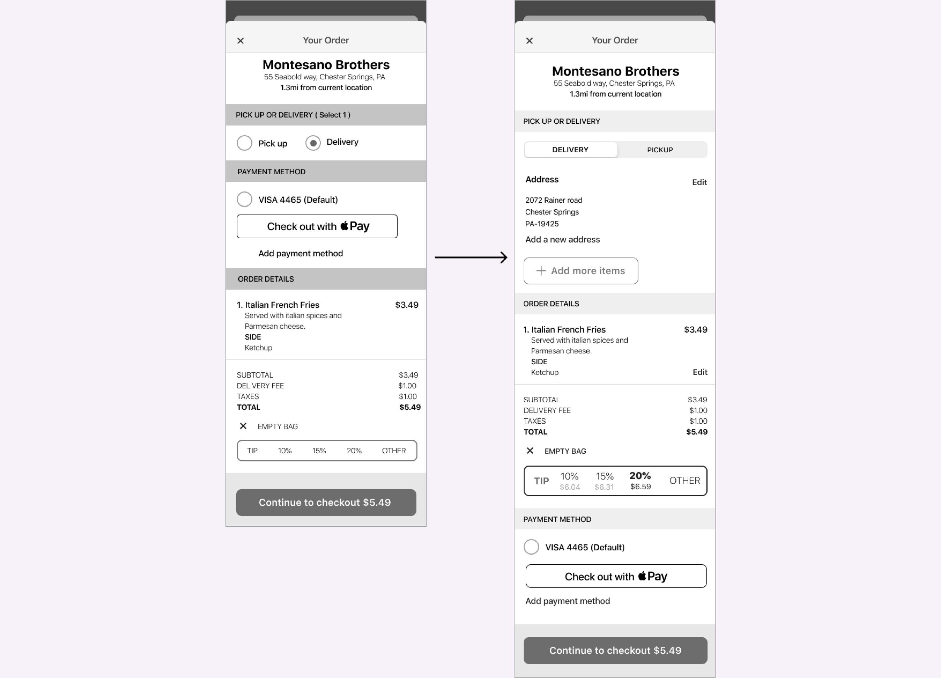Wireframe showing the initial order review page and the
                 iterated page where the edit option has been added for the users.