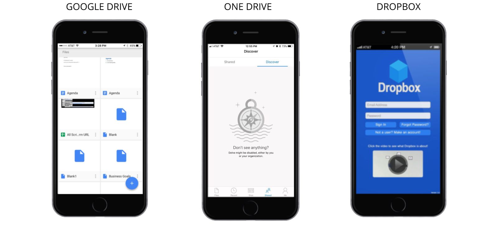 Image showing 3 phone screens (Google Drive, Drop box and Onedrive)