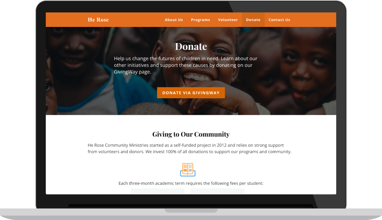 Image of desktop displaying the donation page of He Rose website.