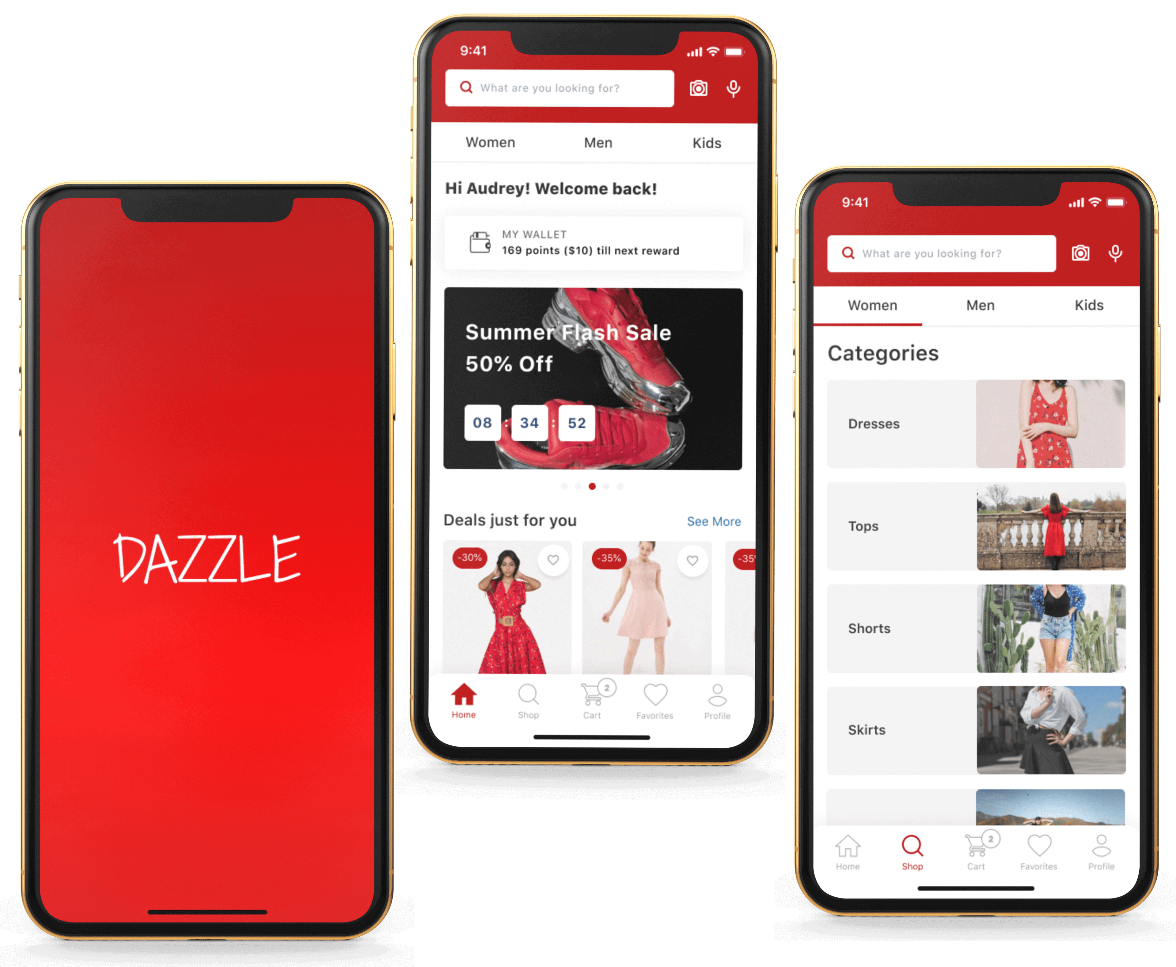Image of dazzle apps splash screen, homepage and category page.