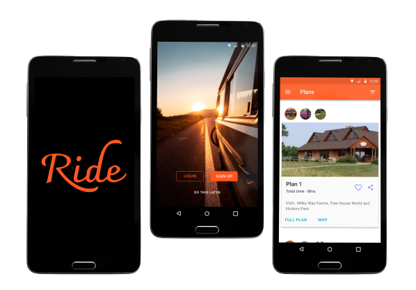 Image of ride apps splash screen, login/signup page and homepage.