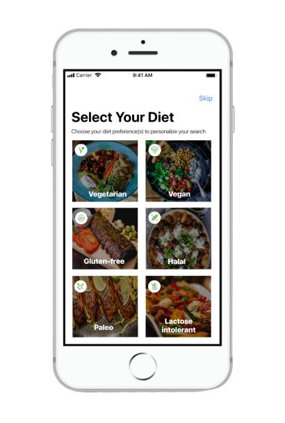 Image of a phone displaying various diet option to select